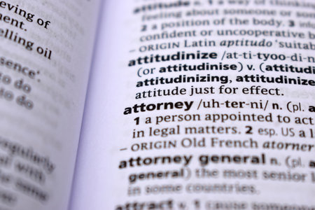 English Dictionary Page Close Up With the Word Of -attorneyの写真素材