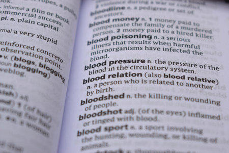 English Definition Dictionary Page Close Up Of Printed Word Of -blood relation
