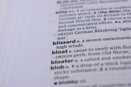 Close Up Of English Dictionary Page With Word - blizzard