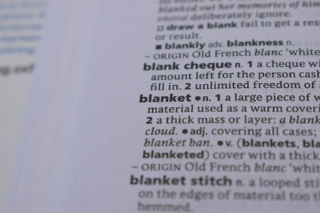 English Dictionary Page Close Up With the Word Of -blanket
