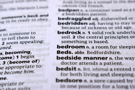 English Definition Dictionary Page Close Up Of Printed Word Of -bedroom