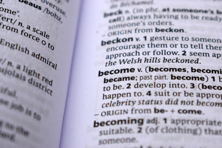 English Definition Dictionary Page Close Up Of Printed Word Of -becomeの写真素材