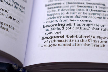 English Dictionary Page Close Up With the Word Of -bacquerelの写真素材