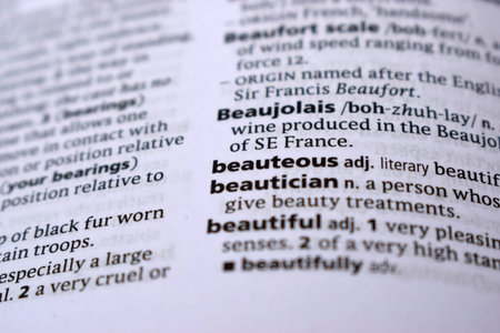Close Up Of English Dictionary Page With Word - beauteous
