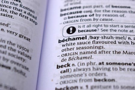 English Dictionary Page Close Up With the Word Of -bechamelの写真素材