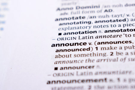English Definition Dictionary Page Close Up Of Printed Word Of -announceの写真素材