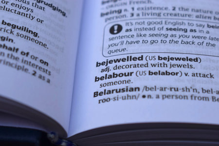 English Dictionary Page Close Up With the Word Of -bejewelledの写真素材