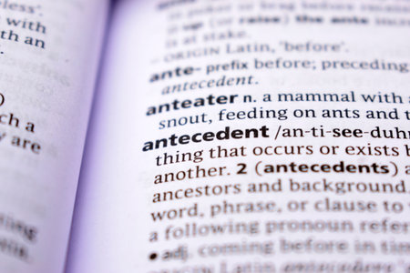 English Definition Dictionary Page Close Up Of Printed Word Of -antecedentの写真素材