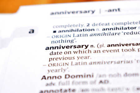 Close Up Of English Dictionary Page With Word - anniversaryの写真素材