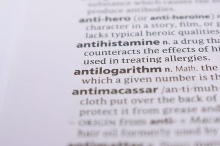 English Dictionary Page Close Up With the Word Of -antilogarithm