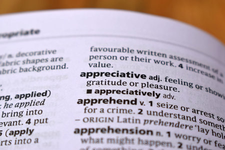 English Definition Dictionary Page Close Up Of Printed Word Of -appreciative