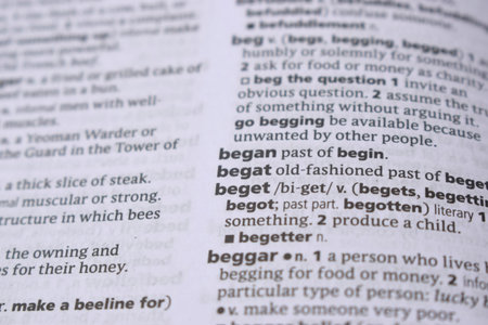 Close Up Of English Dictionary Page With Word - began