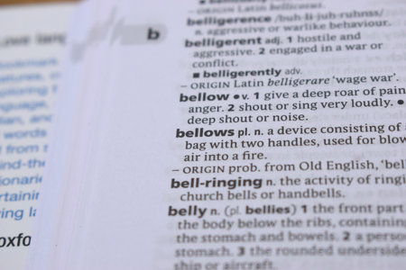 English Definition Dictionary Page Close Up Of Printed Word Of -bellowsの写真素材