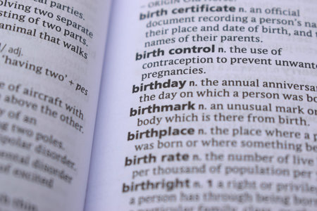 Close Up Of English Dictionary Page With Word - birthday