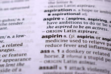 Close Up Of English Dictionary Page With Word - aspirinの写真素材