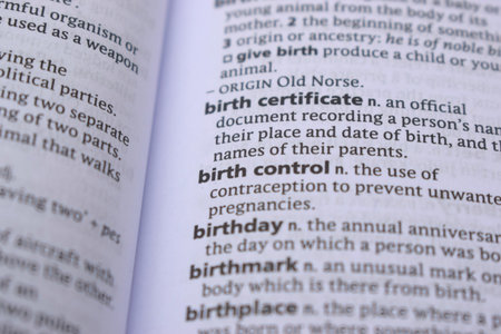 Close Up Of English Dictionary Page With Word - birth controlの写真素材
