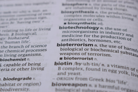 Close Up Of English Dictionary Page With Word - bioterrorismの写真素材