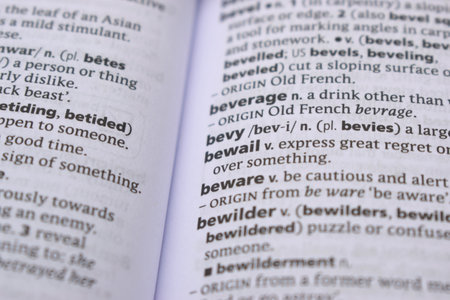 Close Up Of English Dictionary Page With Word - bewailの写真素材