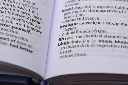 English Definition Dictionary Page Close Up Of Printed Word Of -Bhの写真素材