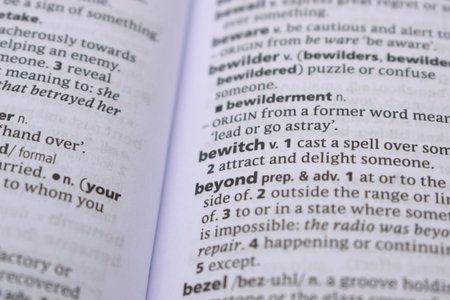 English Definition Dictionary Page Close Up Of Printed Word Of -beyond