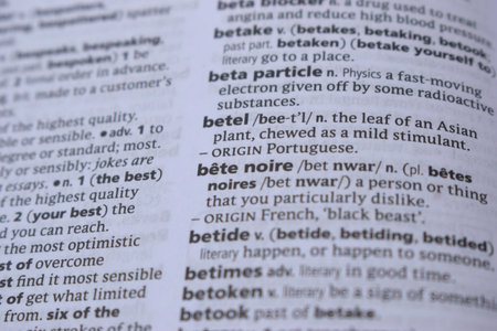 English Definition Dictionary Page Close Up Of Printed Word Of -betelの写真素材