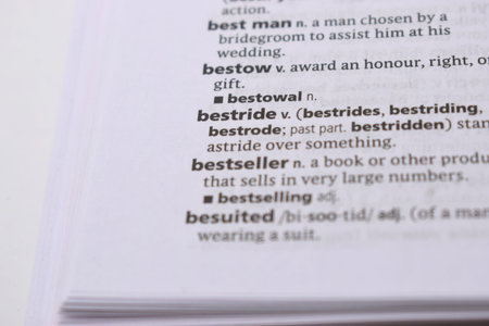 English Dictionary Page Close Up With the Word Of -bestride