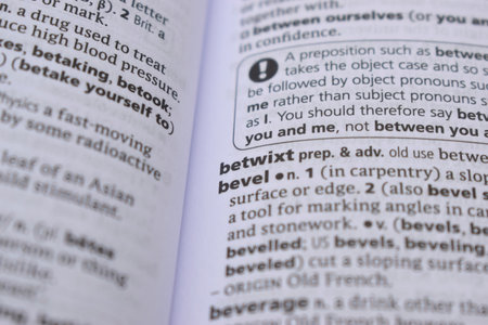 English Definition Dictionary Page Close Up Of Printed Word Of -bevelの写真素材