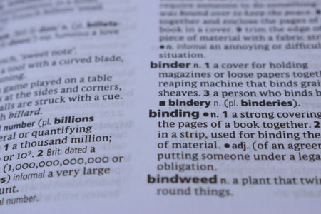 Close Up Of English Dictionary Page With Word - bindingの写真素材