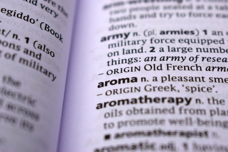 English Definition Dictionary Page Close Up Of Printed Word Of -aroma