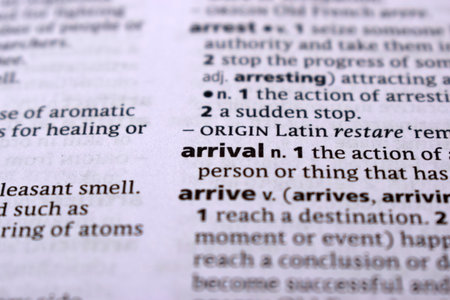 Close Up Of English Dictionary Page With Word - arrivalの写真素材