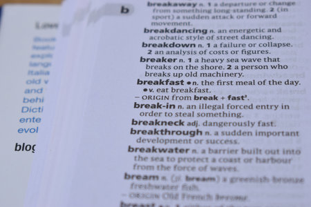 Close Up Of English Definition Dictionary Printed Page Word Of - breakfastの写真素材