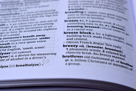 Definition Of English Dictionary Close Up Of Page Print With Word - breezy