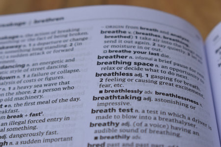 Definition Of English Dictionary Close Up Of Page Print With Word - breathlessの写真素材