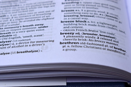 English Dictionary Page Print Close Up With The Word Meaning Of -breezy