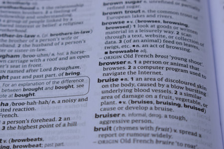 Close Up Of English Definition Dictionary Printed Page Word Of - bruiseの写真素材