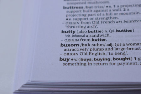 Close Up Of English Definition Dictionary Printed Page Word Ofの写真素材