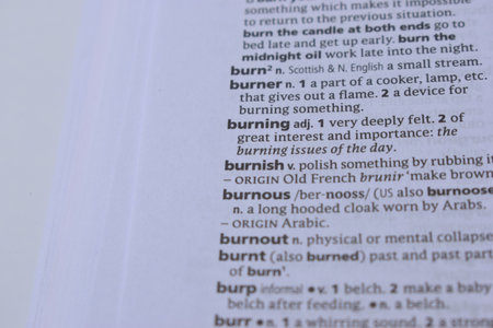English Dictionary Page Print Close Up With The Word Meaning Of -burningの写真素材