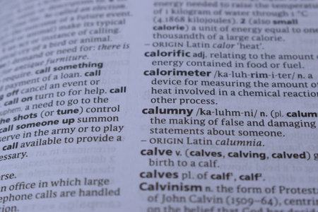 English Dictionary Page Print Close Up With The Word Meaning Of -calumnyの写真素材