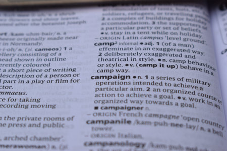 English Dictionary Page Print Close Up With The Word Meaning Of -campaign