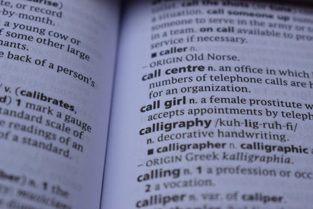 Close Up Of English Definition Dictionary Printed Page Word Ofの写真素材