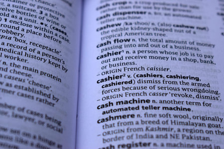 Definition Of English Dictionary Close Up Of Page Print With Word - cashier