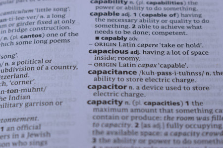 English Dictionary Page Print Close Up With The Word Meaning Of - capacious