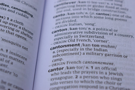 Close Up Of English Definition Dictionary Printed Page Word Of - cantonment