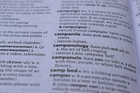 Close Up Of English Definition Dictionary Printed Page Word Of - campanologyの写真素材