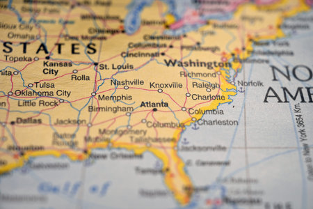 Charlotte Pinpointed on World Map â€“ Soft Blur Travel Photography Featuring Urban Hubs