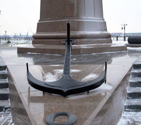 Winter view of monument with anchor, Astrakhan, Russiaの写真素材