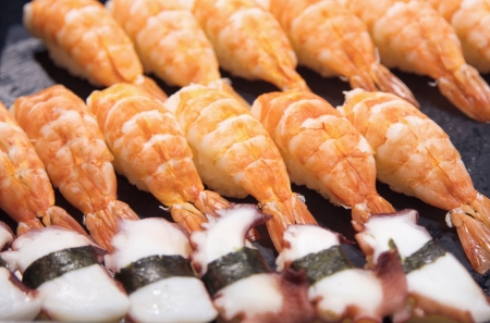 Japanese Cuisine,  Shrimp sushi on sushi barの写真素材