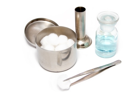 A set of dressing often used supplies in a medical for cleaning wounds,on white backgroundの写真素材