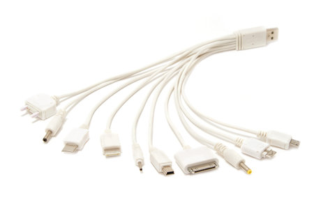cellphone usb charging plugs on white background