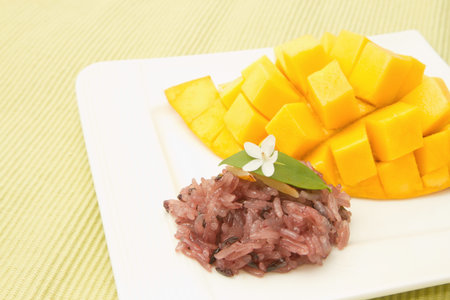 Thai desserts , Mango and  colorful sticky riceの写真素材